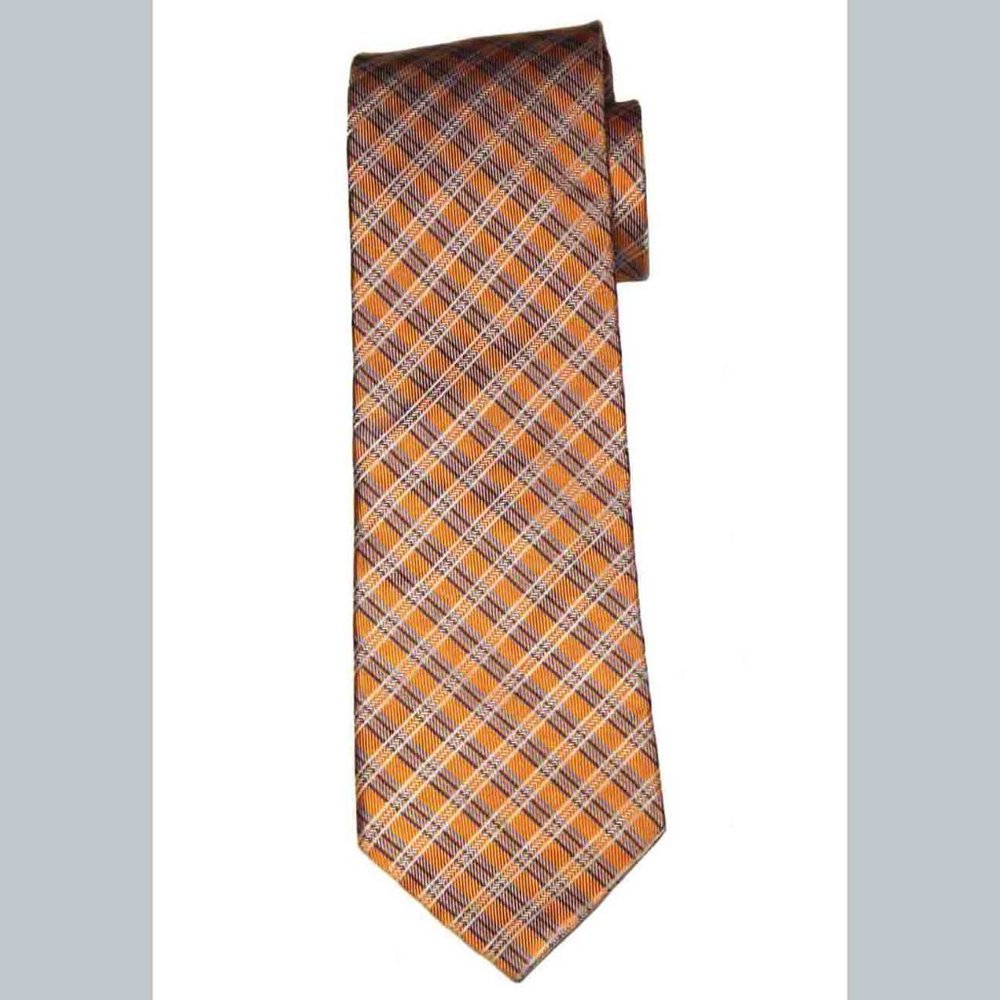 Nautica Silk Tie Orange Gray Blue White Plaid Made in USA Men's